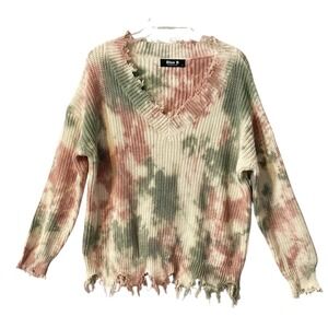 NWOT Blue B‎ Collection Tie Dye Distressed V Neck Sweater Womens Size L